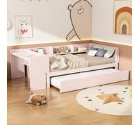 90 x 200 cm, lit plat, avec lit gigogne, bureau, trois étagères sur le côté du lit, rose