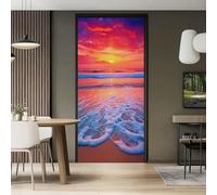 90 x 200 cm Sticker porte Trompe l'oeil Effect Papier Peint, Orange Rouge Nature Paysage Mer Coucher De Soleil Auto-adhésif Autocollants PVC Imperméable pour Chambre Salle de Bain Cuisine Décoration