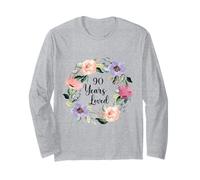 90 Years Loved 90th Birthday Floral 90 Years Loved Women Manche Longue