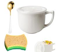 900ML Bol Ramen avec Couvercle, Bol à Soupe Micro Ondes, Bols à Soupe avec Poignée, avec Cuillère et Pinceau Éponge, Grande Tasse à Soupe avec Couvercle, pour Café, Ragoûts(Blanc)