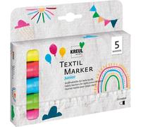 Kreul 90719-Textil Marker Set Junior, Medium, 5 Crayons Tissus clairs avec Une épaisseur de Trait de 2 à 4 mm, la Couleur néon s'illumine sous la lumière Noire, Multicolor, One size