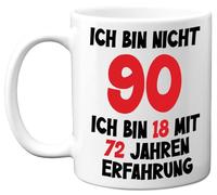 90e cadeaux d'anniversaire - « Je ne suis pas 90, je suis 18 avec 72 ans d'expérience » Tasse d'anniversaire humoristique pour hommes et femmes, 325 ml, tasse en céramique de qualité supérieure, passe