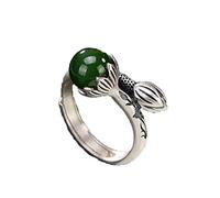 925 Silver Natural Hetian Jade Jasper Lotus Open Ring