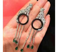 925 Silver Paveed Zircon Leopard Pift Tassel Drop Boucle Panthère Animal Drop Bouth Boucle Pour Femmes Bijoux de Mariage-Platine Plaquée, OZZKI, Argent