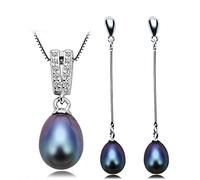 925 Sterling Silver Chain Naturel Perle d'eau Douce Pendentif Boucles d'oreilles Ensemble De Bijoux De Mode pour Les Femmes 8-9mm Perle Noir