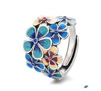 925 STERLING Silver Flower Match Émail Rague de déclaration pour les femmes Blue Bloom Petal Mariage Engagement Charme Classics Cocktail Art déco Anneau réglable empilable, KE-HR670-RS02