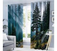 95% Rideau Occultant, Vert Foncé Rideaux Occultant Thermiques à Oeillets, Rideau Opaque imprimés Sérénité Forêt Brume La Forêt Montagne Decoration pour Enfant Chambre, 140x225 cm (2 Panneaux)