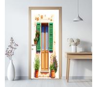 95 x 215 cm Autocollant Porte Blanc, Architecture Rurale Portes En Bois Fleurs Sticker porte Escaliers en Trompe l'Oeil - Autocollant mural décoration, pour Salon Cuisine Chambre Papier Peint