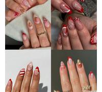 96 pièces/4 styles Faux ongles longs en forme d'amande pour Noël avec motifs du Père Noël et flocons de neige sur les ongles, flocons de neige, chapeaux de Noël, bâtons, bottes. Comprend 4 limes à ong