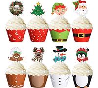 96 Pièces Décoration de Gâteau de Noël,Deco Gateau Noel,Sapin de Noël Gingerbread Men Père Noël Bonhomme de Neige Renne Elfe Pingouin Guirlande de Noël Décorations de Gâteaux de Noël,Cupcake Toppers