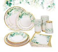 96 Pieces Vaisselle Jetable Vert Or, Couvert ,Assiette Carton Gobelet et Serviette Papier four Decoration Anniversaire Baby Shower Mariage