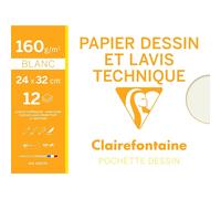 Clairefontaine 96277C - Pochette Dessin Scolaire - 12 Feuilles Papier Dessin Blanc Lisse - 24x32 cm 160g - Idéal pour le Dessin Technique et le Lavis
