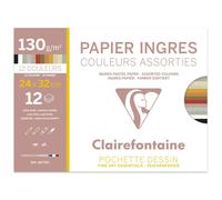 Clairefontaine 96775C - Pochette Dessin Scolaire - 12 Feuilles Papier Ingres Pastel Couleurs Assorties - 24x32 cm 130g - Idéal pour les Arts Plastiques