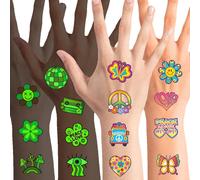 96pcs Glow In The Dark Hippie Tattoos Stickers Groovy 70 S 80 S 90 S Tatouages Temporaires Pour Enfants, Imperméable À L¿Eau Amour Et Paix Lumineux Visage Tatouages Flower Power Hippie Party