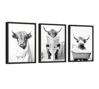 97 Decor Décoration murale - Impression artistique amusante de vache des Highlands 30,5 x 40,6 cm, vache noire et blanche dans la baignoire, œuvre d'art amusante pour chambre à coucher (sans cadre)