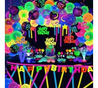 97pcs Décoration de Fête Néon Ballon Fluorescent Lumineux avec Banderole Guirlande Anniversaire Topper Gâteau Ruban Adhésif Deco Fluo pour Décoration Anniversaire