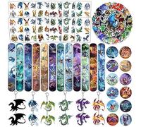 98 Pack Dragon Anniversaire Party Favors Fournitures Dragon Thème Décorations Slap Bracelets Autocollants Boutons Pins Acrylique Porte-clés Tatouages Temporaires