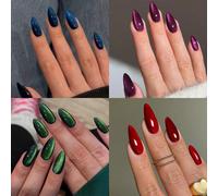 98 pièces (4 styles mixtes) Y2K Ongles en amande longs brillants esthétiques rouge sang cristal œil de chat acrylique autocollants à presser, design d'art d'ongles en amande courte, ensemble de faux o