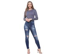 989Zé ENZO Jean skinny déchiré pour femme, coupe ajustée, extensible, aspect usé, bleu, 46