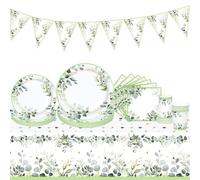 98pcs Assiette Jetable Anniversaire - Vaisselle Jetable Anniversaire Set Avec Assiettes Carton,Gobelet, Nappe,Nappe Anniversaire&Bannière,Assiette Jetable Verte Pour Decoration Baby Shower Mariage