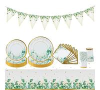 98pcs Vaisselle Jetable Anniversaire, Assiette Jetable Vert Gobelets Jetables Et Nappe De Table&Bannière,Vaisselle Jetable Mariage, Set Couvert Jetable pour Decoration Anniversaire Baby Shower Mariage