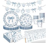 98pcs Vaisselle Jetable Papier Bleu Nœud Océan Coquillage 24 Invités | Party Vaisselle Set Recyclable Assiette Carton Gobelets Serviettes Nappe Bannière pour Anniversaire Enfants Fête Mariage