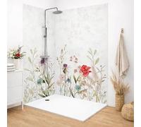 99 Déco Panneaux Muraux de Douche en Aluminium, Motif Floral Aquarelle Herbier, Blanc et Multicouleur, 90x220 cm et 120x220 cm, avec Profilés Blancs, Installation par Collage