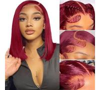 99J Bourgogne Lace Front Perruques Cheveux Humains 13x4 HD Lace Bob Perruque Cheveux Humains Sans Colle Frontale Perruques Pré Pincées Densité 180%, Rouge Perruque Droite Lace Front Perruques Cheveux