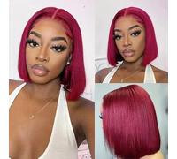 99J Burgundy Perruque Bresilienne Bob 13x4 Lace Front Wig Straight Perruque Cheveux Humain Bob avec Baby Hair 150% Density Brazilian Virgin Human Hair Wigs 10 Pouces