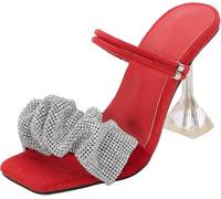 9cm/3.54in Femmes Tempérament Personnalité Un Mot Ceinture Strass Tête Carrée Peep Toe Compensés Sandales Talons Hauts Escarpins Pole Dance Stripper Party, Red, 43 EU