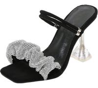 9cm/3.54in Femmes Tempérament Personnalité Un Mot Ceinture Strass Tête Carrée Peep Toe Compensés Sandales Talons Hauts Escarpins Pole Dance Stripper Party, Black, 35 EU