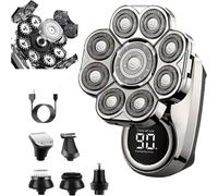 9D Electric Head Shaver for Bald Men,6-in-1 Wet and Dry Waterproof Shaver,LED Display Rechargeable 360°Close Razor,Nose Hair and Beard Trimmer for Men (Silver-B, 9D)