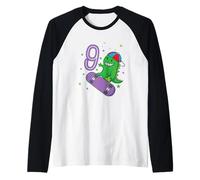 9e Anniversaire Dinosaure sur Skateboard garçon Manche Raglan