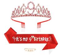 9ème Décoration d'anniversaire Fille 9e Anniversaire Couronne et Écharpe Princesse Couronne Queen Tiara Cristal Anniversaire Coiffe 9 Décoration d'anniversaire Ensemble de Décoration de fête