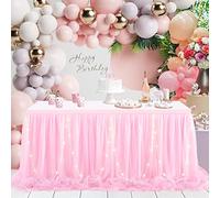 9ft Pink Tulle Table Skirt for Rectangle Tables or Round Tables with LED Lights Tutu Table Skirt Pink Ruffle Tablecloths for Princess Baby Shower Girl Birthday Party Cake Dessert Decorations