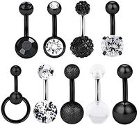 9Pcs 14G Dangle Rings Clear Diamond CZ En Acier Chirurgical Court Nombril Barbell Bijoux De Corps Piercing pour Femmes Filles Bar Longueur 6mm-10mm - Noir