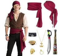 9pcs Accesorios Pirata, Accesorio disfraz pirata Hombre Mujer, Pañuelo Pirata Cinturón Collare Pulsera Telescopio, Accesorios Halloween para Carnaval Cosplay Cumpleaños Fiestas(Rojo)