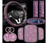 9Pcs Bling Car Accessories Set, Crystal Rhinestone Steering Wheel Cover, Seat Belt Covers, Armrest Pad, Cup Coasters, Air Vent Trim, Decorative