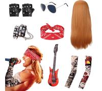 9PCS Costume Rock Homme, Accessoires de Deguisement Punk Carnaval Années 80-90 avec Perruque Guitare Bandana Gants Lunettes de Soleil et Manches pour Halloween Cosplay