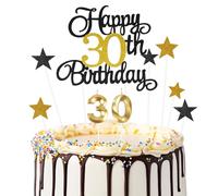 9pcs Décorations de Gâteau « Joyeux 30e Anniversaire », Bougie Numéro 30 pour Gâteau D'anniversaire, Décoration de Gâteau en Forme D'Étoile Noir et Or Pour Fête de D'anniversaire (Or Noir)