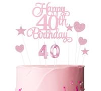 9pcs Décorations de Gâteau « Joyeux 40e Anniversaire », Bougie Numéro 40 pour Gâteaus D'anniversaire, Décoration de Gâteau en Forme D'Étoile Rose et de Cœur Pour Fête de D'anniversaires (Rose)