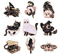 9pcs Épingles d'Halloween, Style Punk Crâne Chapeau de Sorcière Serpent Papillon Corbeau Chat Noir Broches en Alliage de Zinc Épinglettes Drôles d'Halloween pour Sac à Dos Veste Vêtements