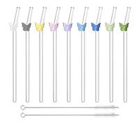 9PCS Pailles en Verre Réutilisables, Incurvées avec Brosses de Nettoyage, Pailles à Cocktail avec Design Papillon Coloré, Pailles en Verre pour Jus, Smoothies, Bubble Tea et Boissons Chaudes