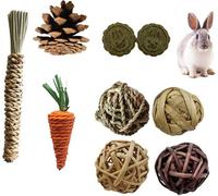 9PCS Set de Jouets à Mâcher pour Rongeurs, Friandises pour Bunny et Balle Timothy Jouets en Bâton de Foin Pour Lapin Bunny Cochon d'Inde Chinchilla Hamster