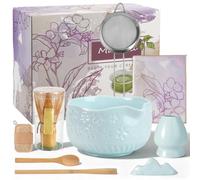 9PCS Tea Steeper Stirring Matcha Kits, Matcha Tea Set Whisk Starter Kit, Ceramic Matcha Bowl with Spout Und Luffa (Blue)