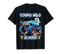 9th Birthday Monster Truck Young Wild and Nine 9 Year Old T-Shirt