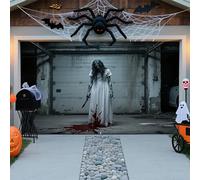 A - 13 x 6 ft/4 x 1,8 m - Couverture de porte de garage terrible d'Halloween - Décoration de film d'horreur avec personnages classiques effrayants - Fond pour jardin, maison et fête