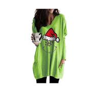 (A,2XL)Women The Grinch Long Sleeve T-shirt V-neck Blouse Baggy Pullover Casual Longline Tops With Pockets