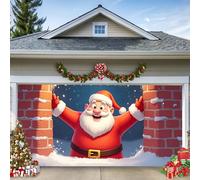 A, 4 x 1,8 m, bannière de porte de garage de Noël - Le Père Noël mignon apparaît à travers l'ouverture murale - Décoration murale extérieure, grande décoration de vacances extérieure pour les maisons