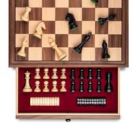 A&A Jeu d'échecs 2 en 1, 38 x 38 cm, en bois de noyer, avec tiroir de rangement, triple poids - Hauteur roi : 7,6 cm - 2 reines supplémentaires, échecs et dames